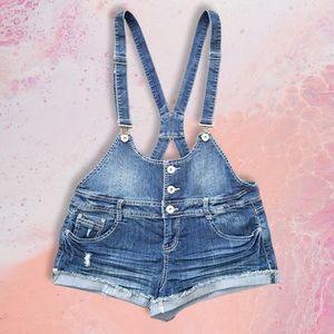 No Boundaries Blue Denim Distressed Overall Shorts